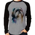 Camiseta Raglan Cachorro Shih Tzu Watercolor Manga Longa - Foca na Moda