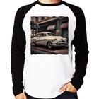 Camiseta Raglan Carro retrô branco Manga Longa - Foca na Moda