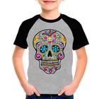 Camiseta Raglan Caveira Mexicana Skull Cinza Preto Inf02