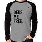 Camiseta Raglan Deus me free Manga Longa - Foca na Moda