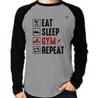 Camiseta Raglan Eat, Sleep, Gym, Repeat Manga Longa - Foca na Moda