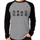 Camiseta Raglan Eat, train, sleep, repeat Manga Longa - Foca na Moda