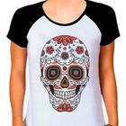 Camiseta Raglan Feminina Branca Caveira Mexicana Skul 03