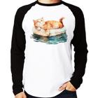 Camiseta Raglan Gatinho Relaxando na Bóia Manga Longa - Foca na Moda