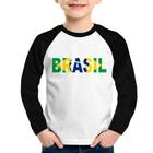 Camiseta Raglan Infantil Bandeira Brasil Letras Manga Longa - Foca na Moda