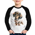 Camiseta Raglan Infantil Cachorro Dachshund Manga Longa - Foca na Moda