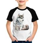 Camiseta Raglan Infantil Cachorro Husky Siberiano - Foca na Moda