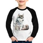 Camiseta Raglan Infantil Cachorro Husky Siberiano Manga Longa - Foca na Moda