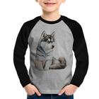Camiseta Raglan Infantil Cachorro Husky Siberiano Manga Longa - Foca na Moda