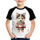 Camiseta Raglan Infantil Cachorro Husky Siberiano Natalino - Foca na Moda
