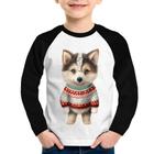 Camiseta Raglan Infantil Cachorro Husky Siberiano Natalino Manga Longa - Foca na Moda