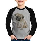 Camiseta Raglan Infantil Cachorro Pug Manga Longa - Foca na Moda