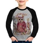 Camiseta Raglan Infantil Coruja e Folhas Manga Longa - Foca na Moda