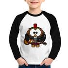 Camiseta Raglan Infantil Coruja Rock Guitarra Manga Longa - Foca na Moda