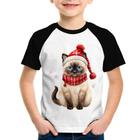 Camiseta Raglan Infantil Gato Natalino Gorro e Cachecol - Foca na Moda