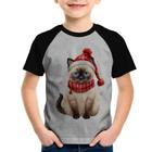 Camiseta Raglan Infantil Gato Natalino Gorro e Cachecol - Foca na Moda