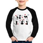 Camiseta Raglan Infantil Gatos E Corações Manga Longa - Foca na Moda