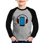 Camiseta Raglan Infantil Headphone Smartphone Manga Longa - Foca na Moda