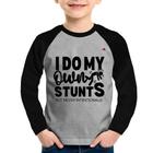 Camiseta Raglan Infantil I do my own stunts but never intentionally Manga Longa - Foca na Moda