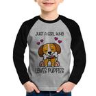 Camiseta Raglan Infantil Just A Girl Who Loves Puppies Manga Longa - Foca na Moda