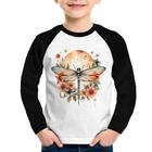 Camiseta Raglan Infantil Libélula, Lua e Flores Manga Longa - Foca na Moda