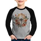 Camiseta Raglan Infantil Libélula, Lua e Flores Manga Longa - Foca na Moda