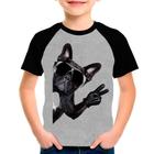 Camiseta Raglan Infantil Preto Cinza Buldog Francês Pet 01