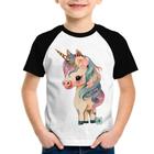 Camiseta Raglan Infantil Unicórnio e Flores - Foca na Moda