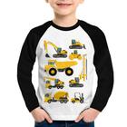 Camiseta Raglan Infantil Veículos de construção Manga Longa - Foca na Moda