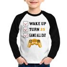 Camiseta Raglan Infantil Wake Up, Turn 25, Game All Day Manga Longa - Foca na Moda