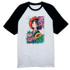 Camiseta Raglan Menina linda anime flores