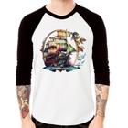 Camiseta Raglan Navio e Flores Manga 3/4 - Foca na Moda