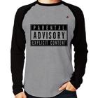 Camiseta Raglan Parental Advisory: Explicit Content Manga Longa - Foca na Moda