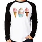 Camiseta Raglan Unicórnio Sorvete Manga Longa - Foca na Moda