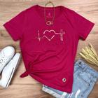 Camiseta T-shirt Feminina Pink Batimento Coração Dourado