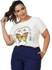 Camiseta T-shirt Feminina Plus Size Tecido Viscolycra Borboletas Cor Off White Tamanho GG Veste 48/54