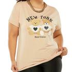 Camiseta T-shirt Feminina Plus Size Urso New York & BEST FRIEND Tecido Viscolycra Cor Nude Tamanho GG Veste 48 "entre " 54