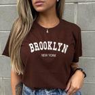 Camiseta t-shirt feminina premium 100% algodão brooklyn bordado com gola em ribana