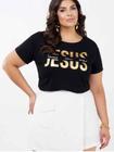 Camiseta T-shirt Plus Size Feminina Jesus Vive em Mim Moda Evangélica Cor Preta Tamanho GG Veste Entre” 48/54