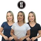 Camisetas Feminina Algodão Baby Look Gola V Atacado Kit 3 Branco/ Marinho/ Preto Babylook Basica Lisa Blusas Femininas