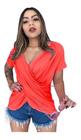 Camisetas Trançada Transpassada Moda Feminina Cruzada Na Frente Manga Curta Elegante 2502