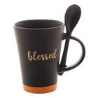 Caneca Cerâmica Com Colher Blessed Preto Matt/Laranja 310Ml