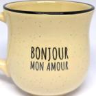 Caneca Cerâmica Curve 380Ml Palha Preto Bonjour Mon Amour Presente Namorados Xicara Café Chá