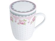 Caneca Chá e Café com Tampa e Filtro Porcelana - Rosa e Branca 310ml Lyor Super White Rose