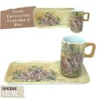 Caneca de Café 100 ml Xícara com Bandeja de Lanche Porcelana Retangular Pintada à Mão ROSAS ROSA - CARAMELO - PINTANDO ARTE Ateliê