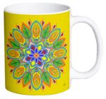 Caneca De Porcelana Personalizada Xícara Estampada Decorativa Café 325 ML Mandala Amarela Verde Folhas