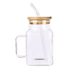 Caneca De Vidro Com Tampa De Bambu E Canudo Transparente 620ml