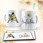 Caneca Porcelana Personalizada Alfabeto Floral + Caixinha de Presente Criativo (vários temas)