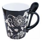 Caneca Porcelana Preta Colher Flores 360ml