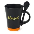 Caneca Preto fosco Blessed com Colher base Laranja 310ml - Bon Gourmet